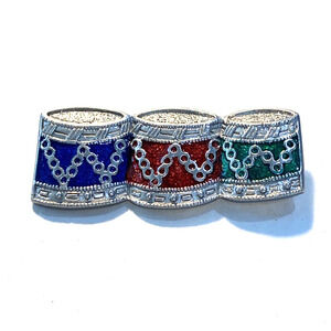 Vintage Christmas holiday brooch 3 drums silvertone and colorful enamel pin